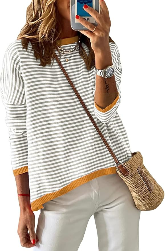 Womens Lightweight Cotton Sweaters Long Sleeve Crew Neck Color Block Striped Casual Knitted Pullo... | Amazon (US)