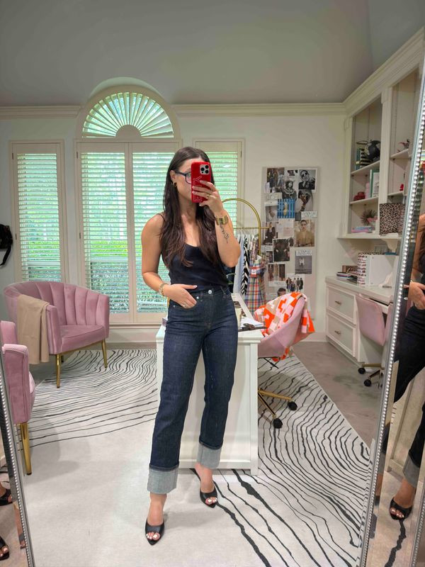 The "I didn't try that hard" outfit that actually took some effort. 🖤
Silky cami, cuffed straight jeans, and a mule that does all the talking — this is what I reach for when jeans need to look like more than jeans. Everything's linked. 

 #LTKootd