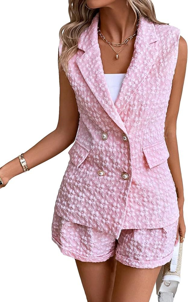 MakeMeChic Women's Solid 2 Piece Sleeveless Lapel Button Down Vest Blazer and Shorts Set | Amazon (US)