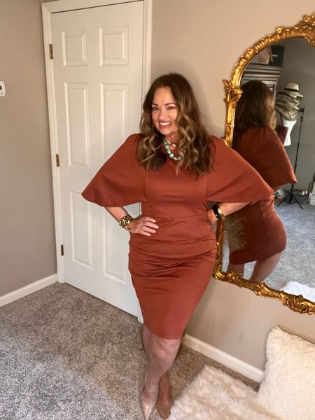 Gorgeous! Retro cape style dress! I love the fit and fabric. It has strategic ruching and this terra cotta color is beautiful. I paired it with some fun turquoise jewelry.

#LTKcurves #LTKstyletip #LTKwedding