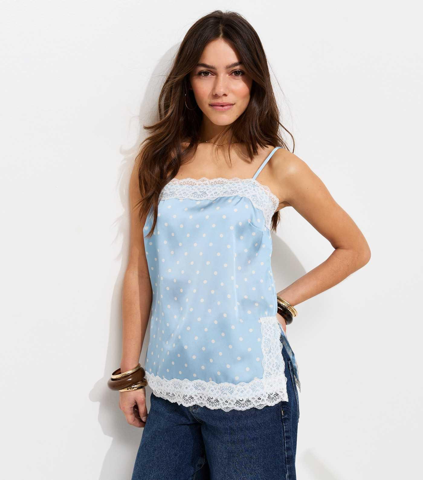 Petite Blue Satin Polka Dot Lace Trim Cami Top | New Look | New Look (UK)