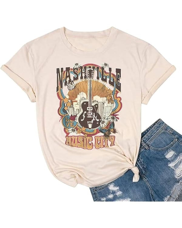 Nashville T-Shirt for Women Country Music Rock Band Shirts Vintage Western Graphic Tees Short Sle... | Amazon (US)