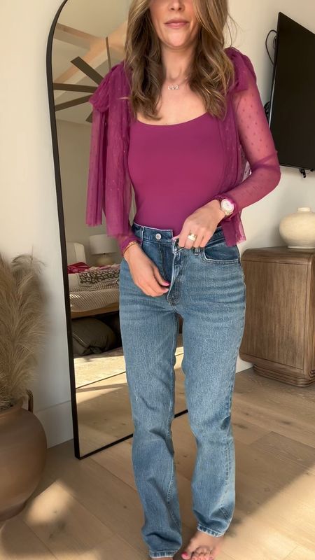 A cute valentines  day  outfit for February 1. I wore this to a meeting and dinner with my manager at trend. Free people bodysuit is size small and Abercrombie jeans are size 25. 

#LTKVideo #LTKfindsunder100 #LTKtravel