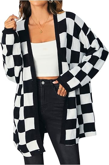 SOLY HUX Women's Long Sleeve Oversized Sweater Checkered Cardigan Open Front Outerwear Tops | Amazon (US)
