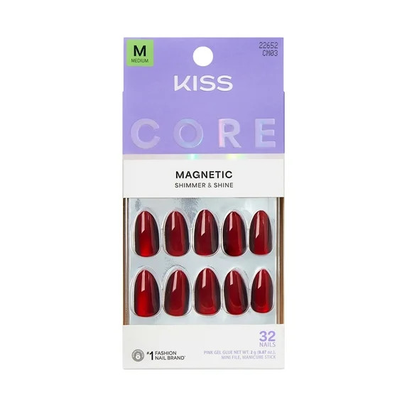 Kiss Core Magnetic Press On Nails Almond, ‘Apple Blossom’, Red, Medium Length, 32 Count | Walmart (US)