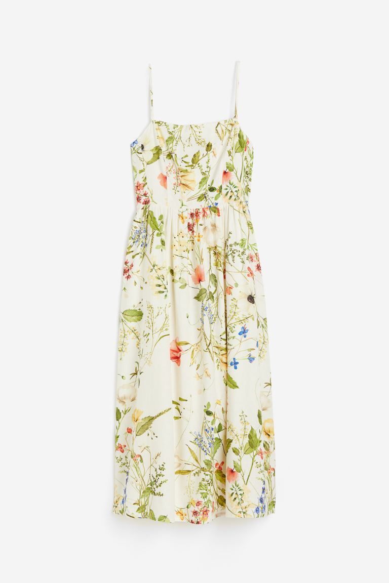Linen-blend midi dress - Cream/Floral - Ladies | H&M GB | H&M (UK, MY, IN, SG, PH, TW, HK)