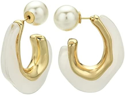 Acrylic Resin C Shape Open Hoop Earrings with Pearl Ball Back Hypoallergenic Double Sided Faux Pe... | Amazon (US)