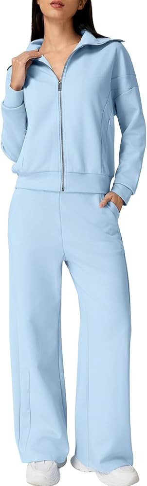 QINSEN Women's Cotton 2 Piece Outfits Lapel Long Sleeve Zip Up Sweatshirt Wide Leg Pants Matching... | Amazon (US)
