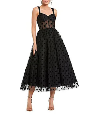 Mac Duggal Polka Dot Net Bustier Sweetheart Neckline A-Line Midi Dress - 4 | Dillard's