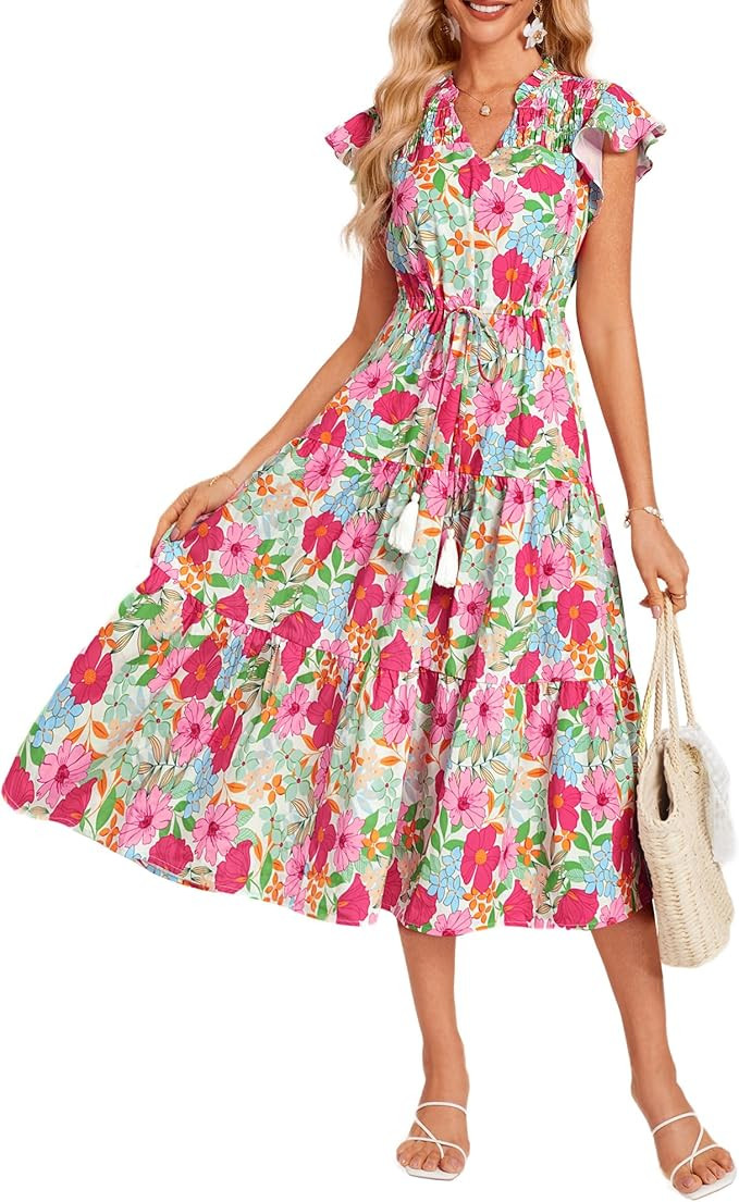 GRACE KARIN Womens Floral Midi Summer Dresses Short Sleeve Boho Wedding Guest Dress Flowy A Line ... | Amazon (US)