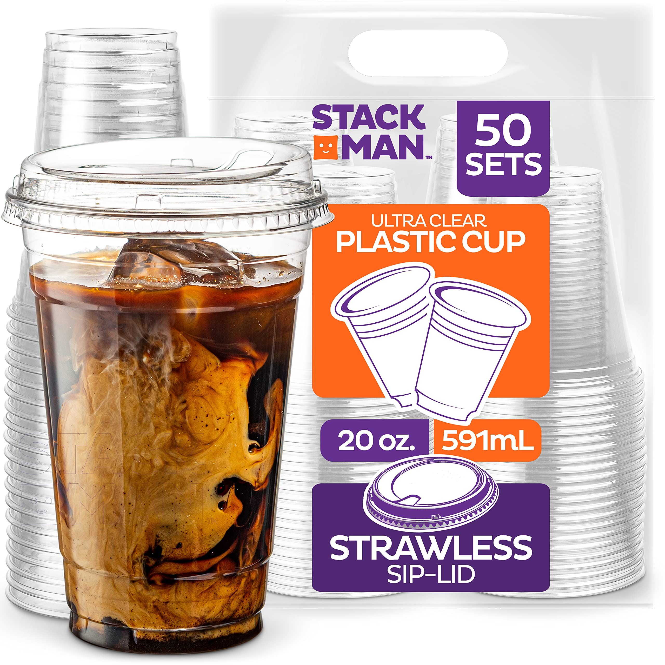 20 oz. Clear Cups with Strawless Sip-Lids, [50 Sets] PET Crystal Clear Disposable 20oz Plastic Cups  | Amazon (US)