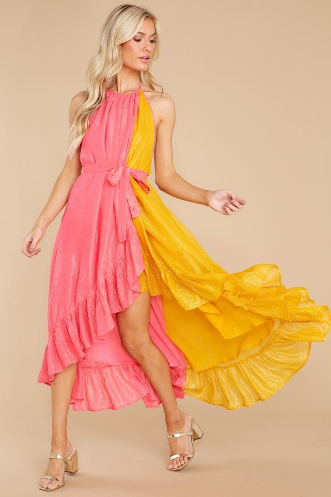 Alice Marbella Bicolor Neon Pink And Yellow Long Dress- Vacation Dress | Red Dress 