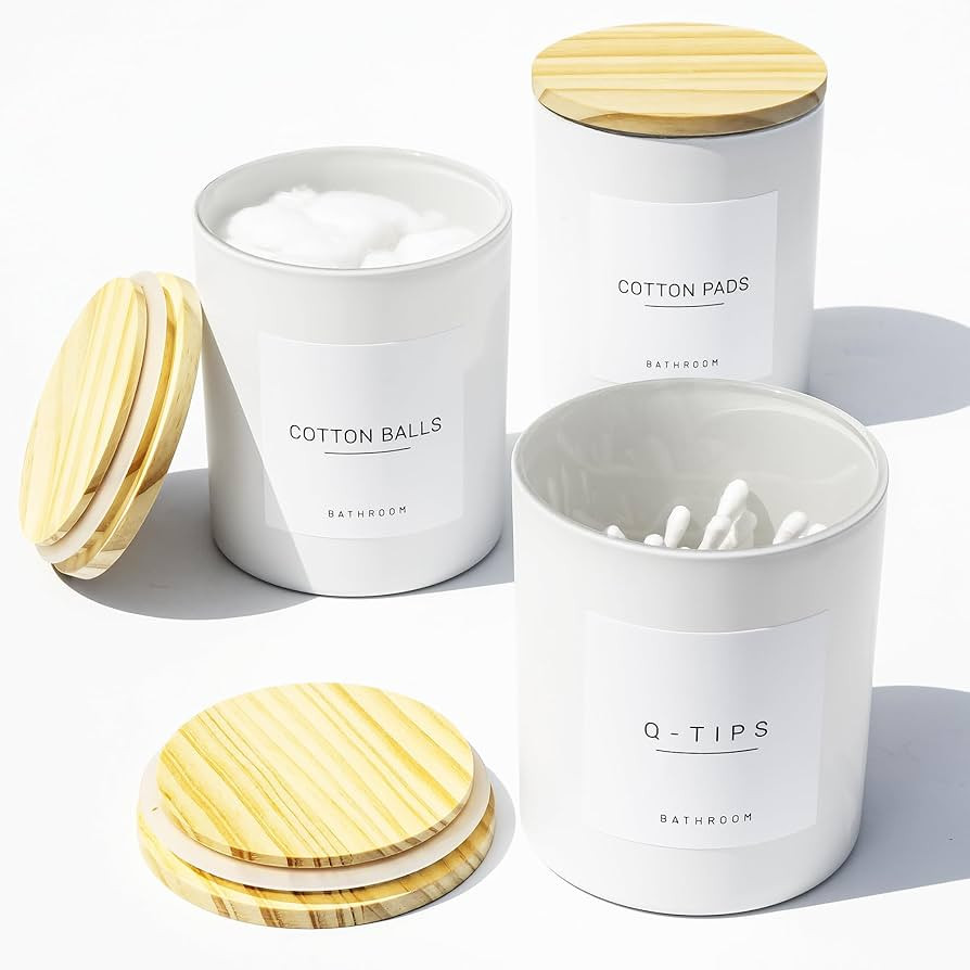 3PCS Farmhouse 13.53oz White Bathroom Canisters with 12 Labels & Wooden Lid Thick Glass Jar Set Q... | Amazon (US)