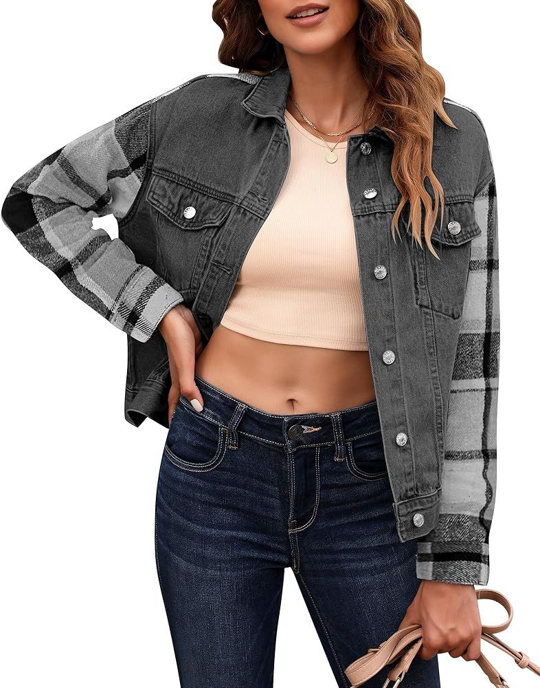 luvamia Jean Jackets for Women Fashion Flannel Plaid Shacket Jacket Oversized Button Down Trucker... | Amazon (US)