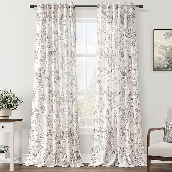 Floral Linen Curtains for Dining Room 84 inch length 2 panels Neutral Cream Black Pattern Printed... | Amazon (US)