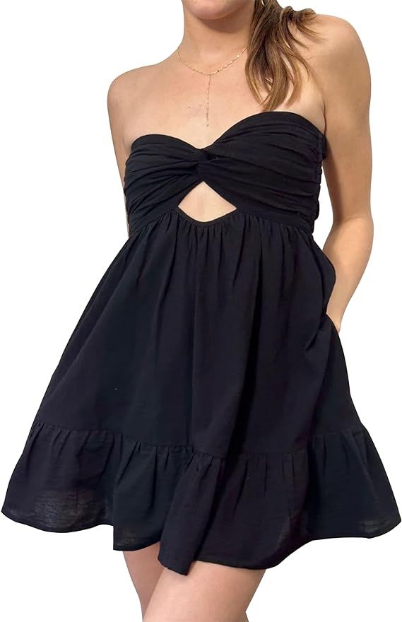 Women Twist Knot Tube Dress Cute Strapless Ruffle Mini Dress Sexy Hollow Out Backless Summer Cock... | Amazon (US)