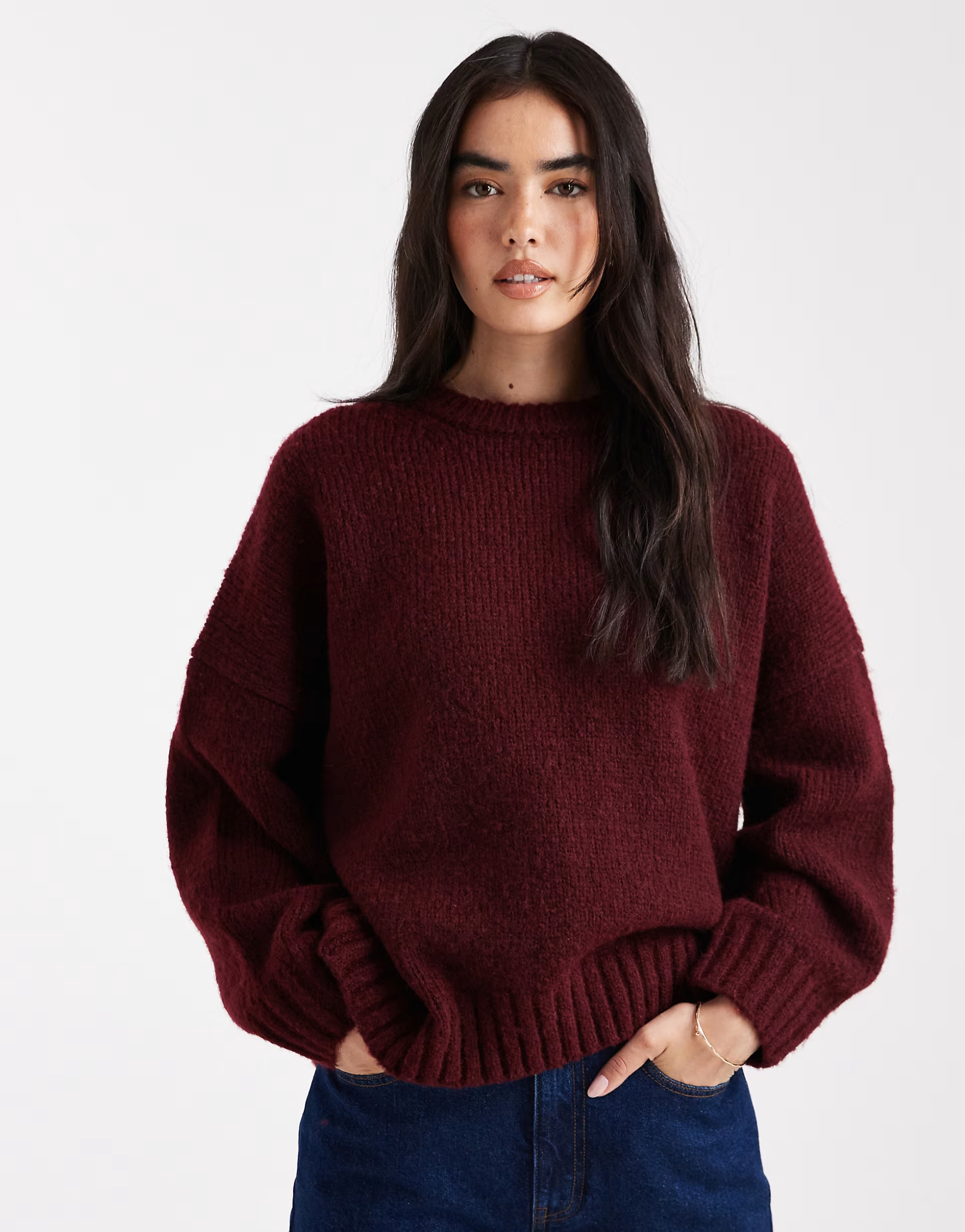ASOS DESIGN oversized crew neck sweater with curved hem in burgundy | ASOS (Global)