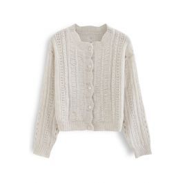 Pearly Hollow Out Knit Buttoned Top in Sand | Chicwish