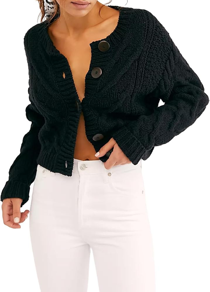 Women's Cable Knit Long Sleeve Sweater Y2K Chunky Button Down Cropped Cardigan Fall Winter Going ... | Amazon (US)