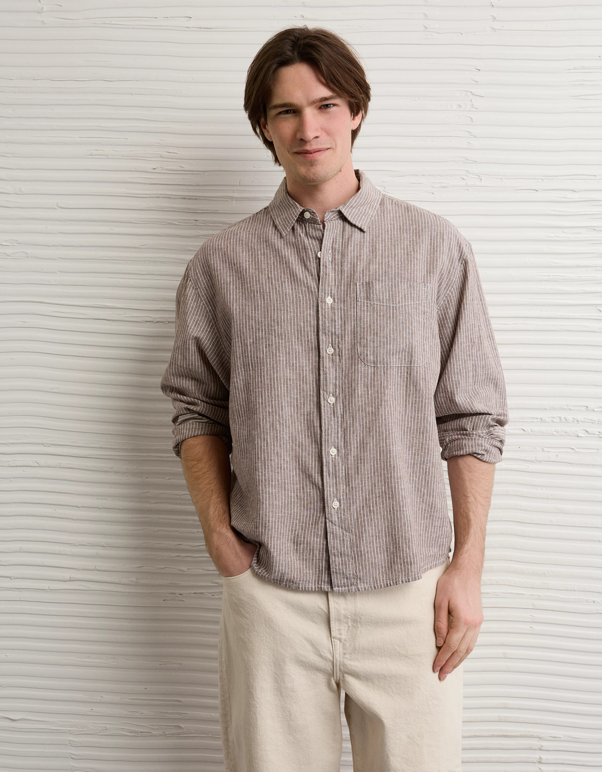AE Relaxed Fit Linen-Blend Button-Up Shirt | American Eagle Outfitters (US & CA)