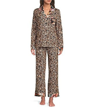 JOHNNY WAS Long Sleeve Notch Collar Knit Leopard Print Long Pajama Set - S | Dillard's