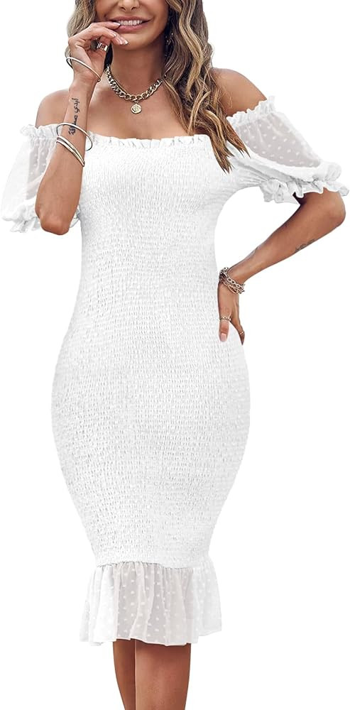 SENFURE Women's Summer Casual Midi Smocked Bodycon Dresses Puff Sleeve Square Neck Ruffle Mermaid... | Amazon (US)