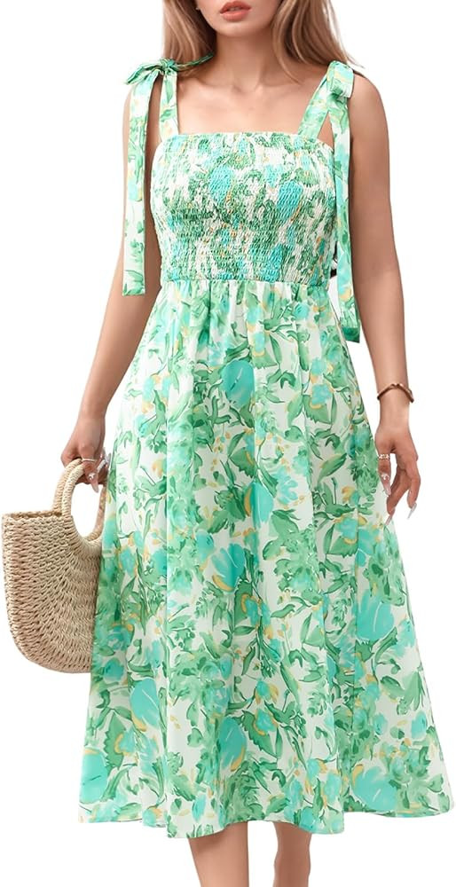 Bbonlinedress Women Summer Floral Boho Midi Sun Dress Spaghetti Strap Beach Smocked Wedding Flowy... | Amazon (US)