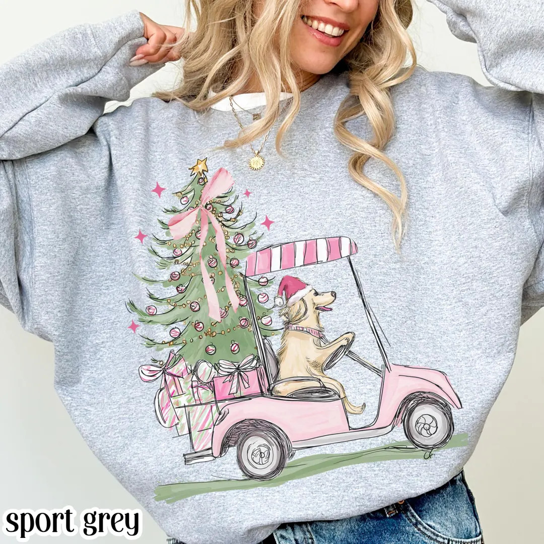 Christmas Dog Sweatshirt Golden Retriever Golf Cart Holiday Xmas Season Sweater Pink Cute Santa S... | Etsy (US)