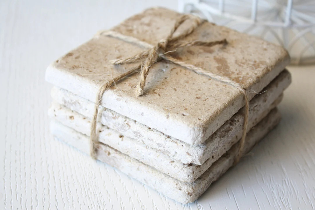 Rustic Plain Natural Travertine Stone Coasters X 4- Hand Finished Great Gift Idea - Etsy | Etsy (US)