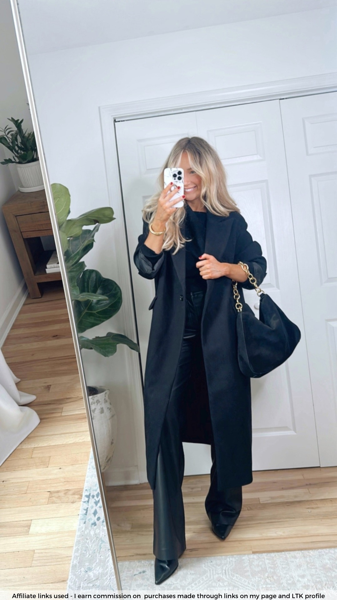 Chic all black outfit

Walmart coat
Black
Faux leather pants
Date night outfit fall