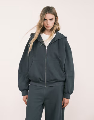 ASOS DESIGN co-ord zip through hoodie with balloon sleeve in charcoal | ASOS (Global)