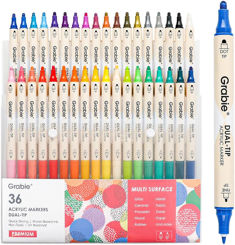 Grabie 36 Colors Dot Paint Acrylic Paint Pens, Acrylic Paint Markers Dual Tip (Fine 1mm + Dot 5mm... | Amazon (US)