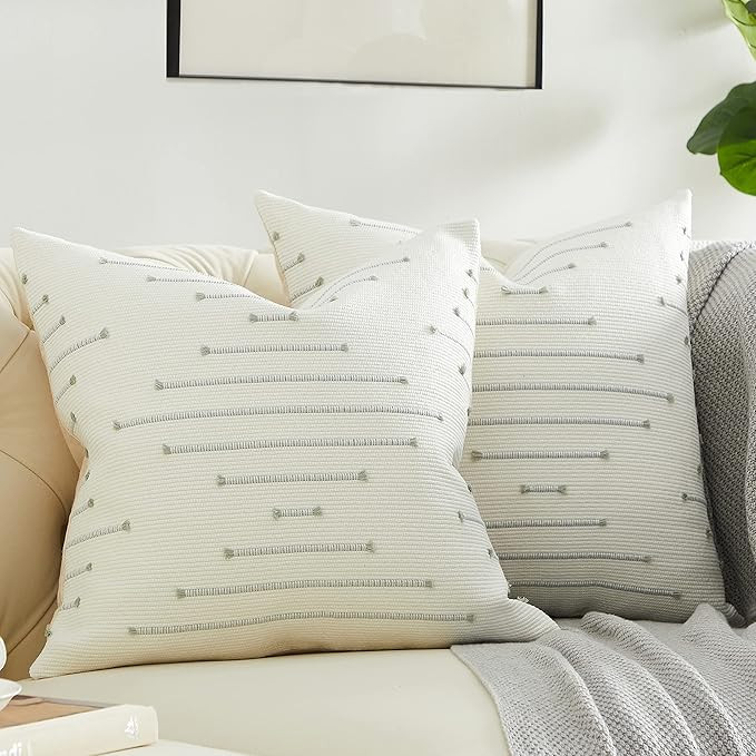 GIGIZAZA Sage Green Boho Pillow Covers 18x18,Set of 2,Cotton Linen Decorative Throw Pillow Covers... | Amazon (US)