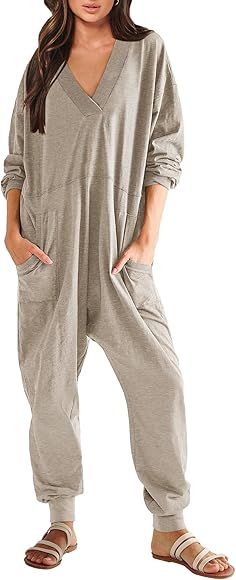 ANRABESS Women's Casual Loose Jumpsuits Long Sleeve V Neck Oversized Rompers Baggy Overalls Lounge Pajamas Onesie Jumper | Amazon (US)