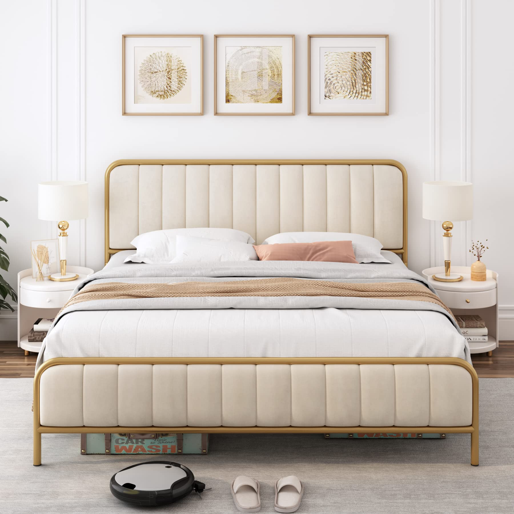 HITHOS Queen Size Bed Frame with Button Tufted Headboard, Upholstered Heavy Duty Metal Mattress F... | Amazon (US)