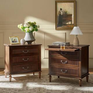 Weer Walnut Farmhouse Solid Wood 3-Drawer 23.6 in. W Nightstand Set of 2 | The Home Depot