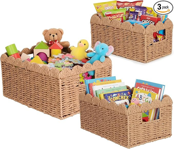 3 Pcs Scalloped Wicker Baskets, Hand-woven Storage Baskets with Built-in Handles, Paper Rope Shel... | Amazon (US)