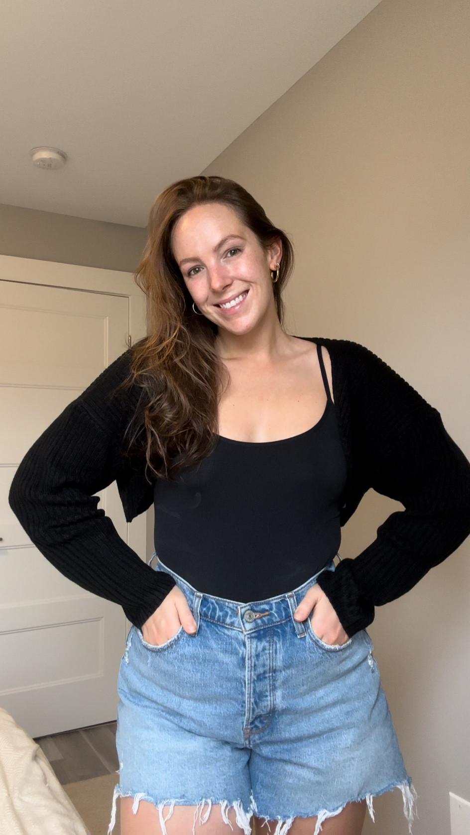I’m obsessed with this little black shrug for when you want your arms covered. Shrug (M), bodysuit (S), shorts (29)

#LTKFind #LTKstyletip #LTKxPrimeDay