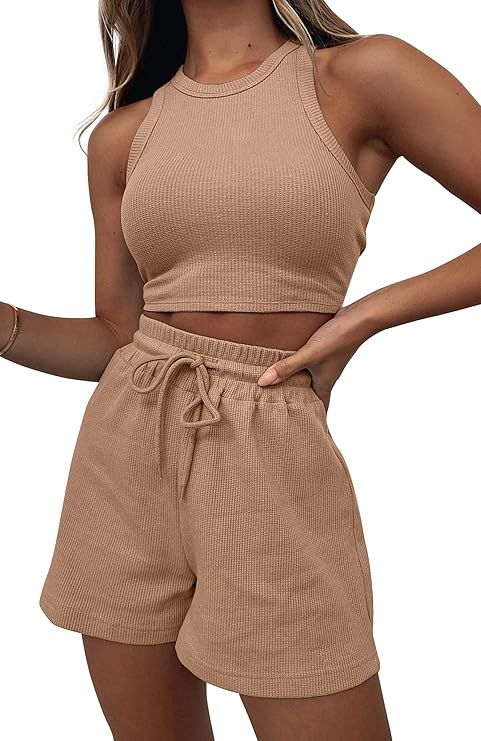 Lingswallow 2 Piece Women Lounge Sets - Sleeveless Crop Top and Shorts Waffle Lounge Set Tracksui... | Amazon (US)