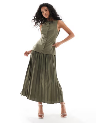 ASOS DESIGN button down pleated skirt midi dress in khaki | ASOS (Global)