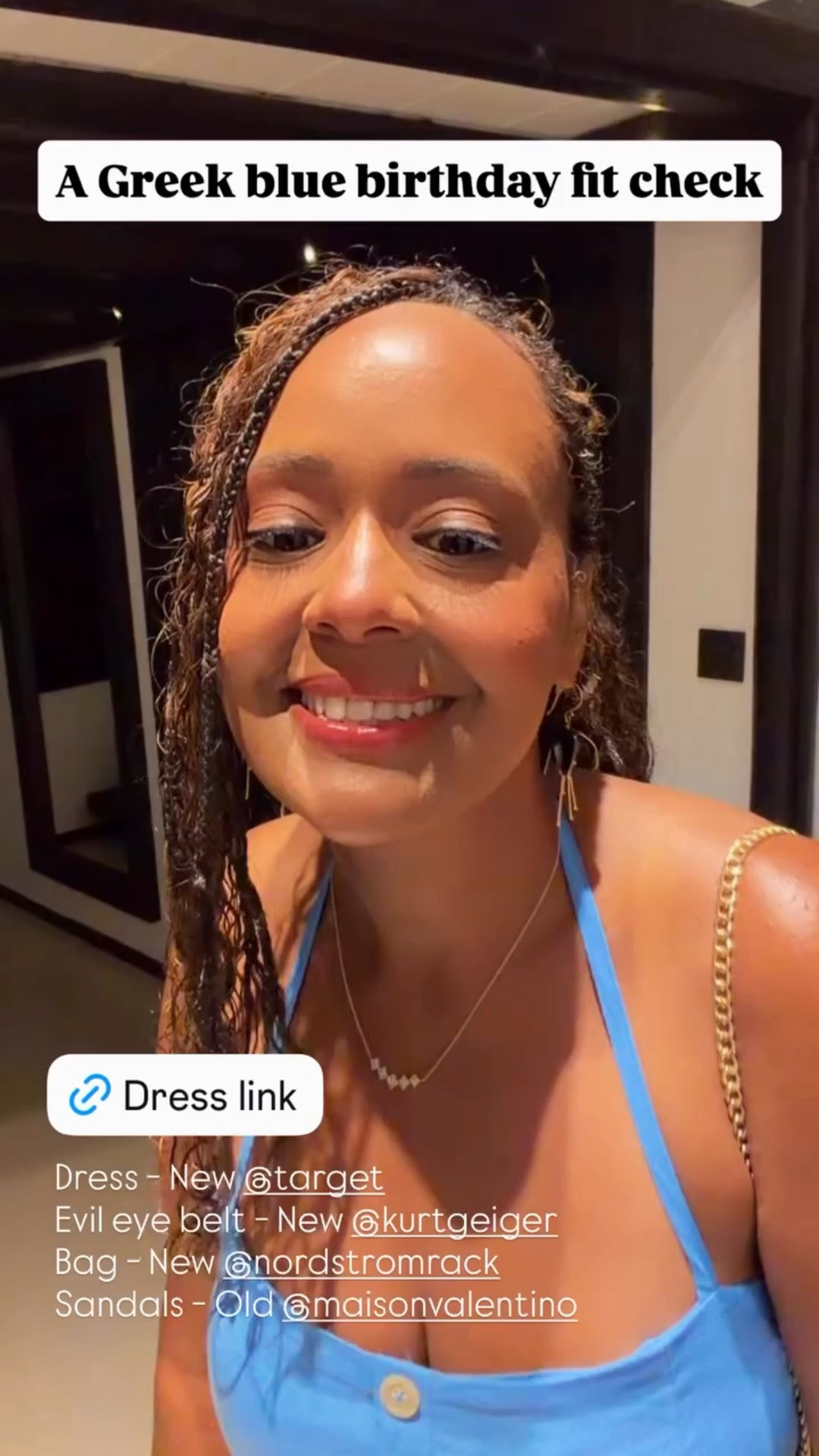 A Greek blue birthday fit check Dress - New @target 
Evil eye belt - New @kurtgeiger 
Bag - New @nordstromrack 
Sandals - Old @maisonvalentino

#LTKootd #LTKOver40 #LTKMidsize