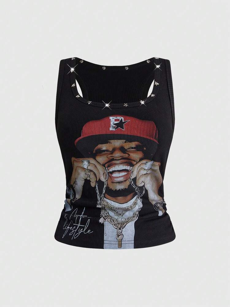 ROMWE Grunge Punk Women's Retro Baddie Unisex Streetwear Casual Star Rivet Print Tank Top | SHEIN