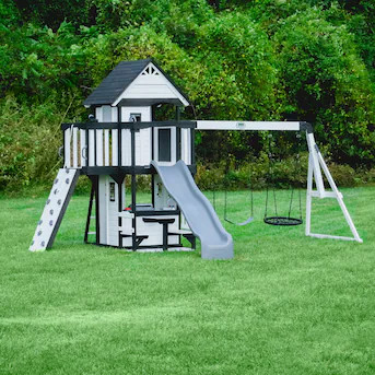 Backyard Discovery White Canyon Creek Residential Wood Playset with 3 Swings and Slide Included | Lowe's