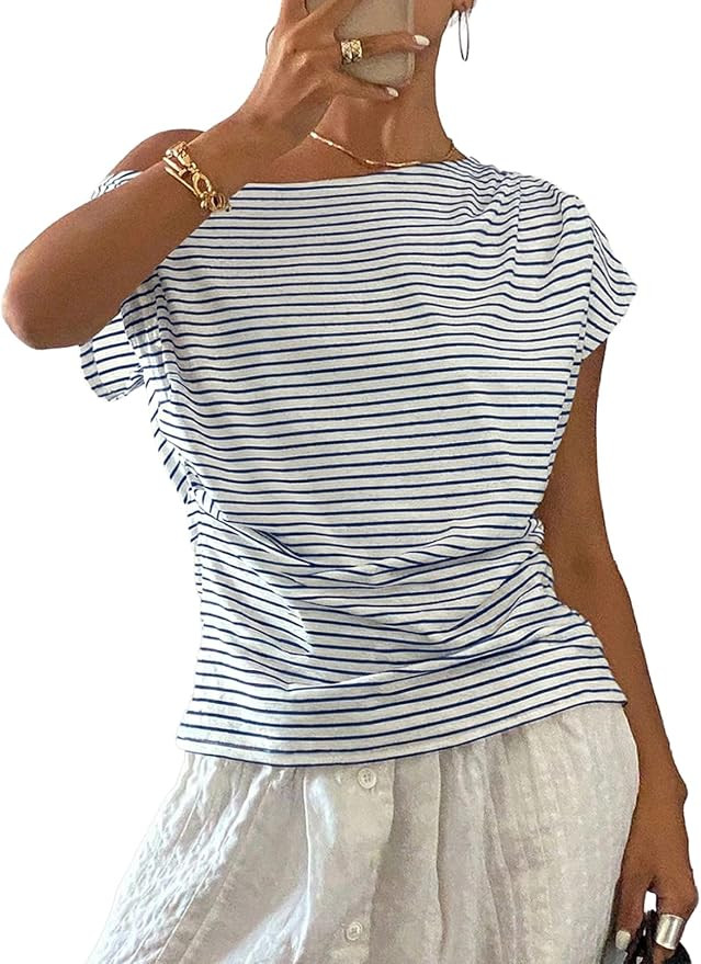 Acelitt Summer Striped Off the Shoulder Tops for Women | Loose Fit Asymmetrical Blouses, Boat Nec... | Amazon (US)
