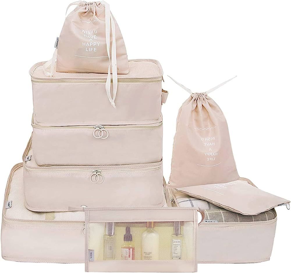 Belsmi 9 Set Packing Cubes With Shoe Bag - Compression Travel Luggage Organizer (Style C - Beige) | Amazon (US)
