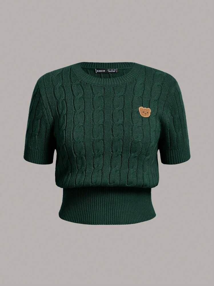 SHEIN EZwear Women's Knitted Short Sleeve Shirt With Bear Embroidery,Knitted Sweater | SHEIN