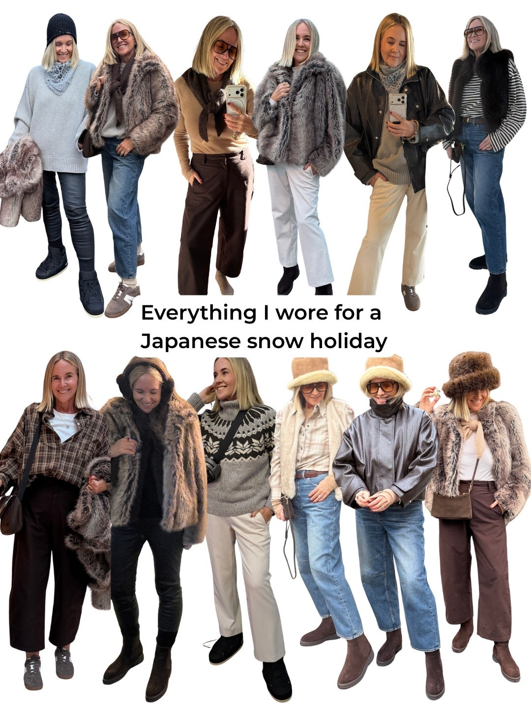 I’ve linked here as much as possible. See also a list below. I’ve shared more on my Substack newsletter if you want more details. Also scroll pack for my packing video.

*Shoes: FRANKIE4 Rocco II boots in chocolate suede (coming soon) and Levi sneakers in sable suede
*Faux fur jacket: Mint Velvet (sold out)
*Chocolate faux fur vest: Husk
*Ivory faux fur vest: Zoe Kratzmann (code nikkiexclusive20)
*Grey bandana scarf: Kutjen
*Chocolate bomber jacket: Zara
*Black leather pants: Zjoosh (code Nikki15)
*Shearling bucket hat: Will and Bear (code STYLINGYOU)
*Chocolate ear muffs: Ugg Australia 


#LTKover50style #LTKaustralia #LTKtravel