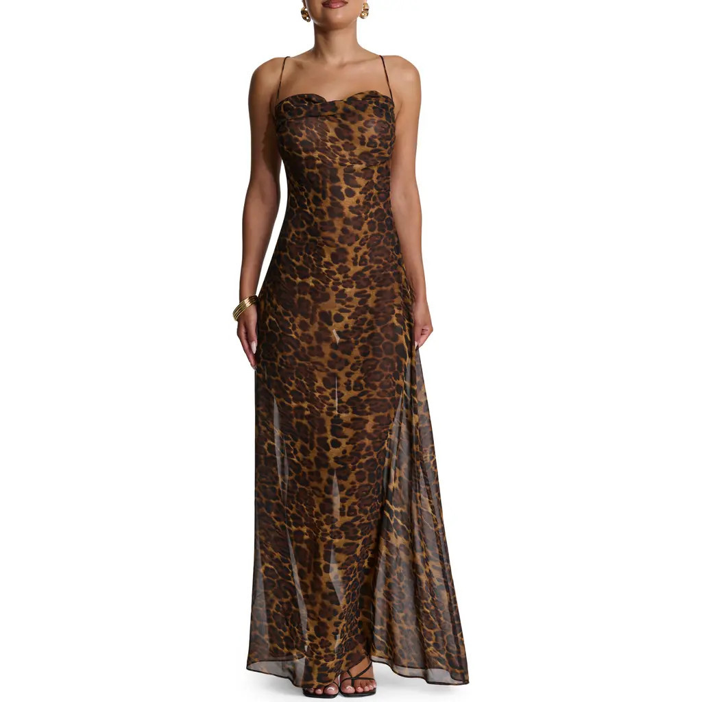 Naked Wardrobe Strappy Open Back Chiffon Maxi Dress in Leopard at Nordstrom, Size Small | Nordstrom