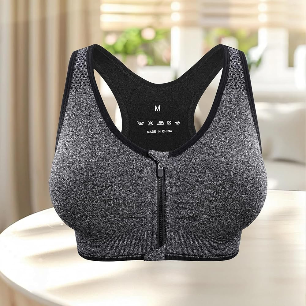 Women's Zip Front Sports Bra - Wireless Medium Support Yoga Bra with Removable Pads, Gray, Small ... | Amazon (UK)