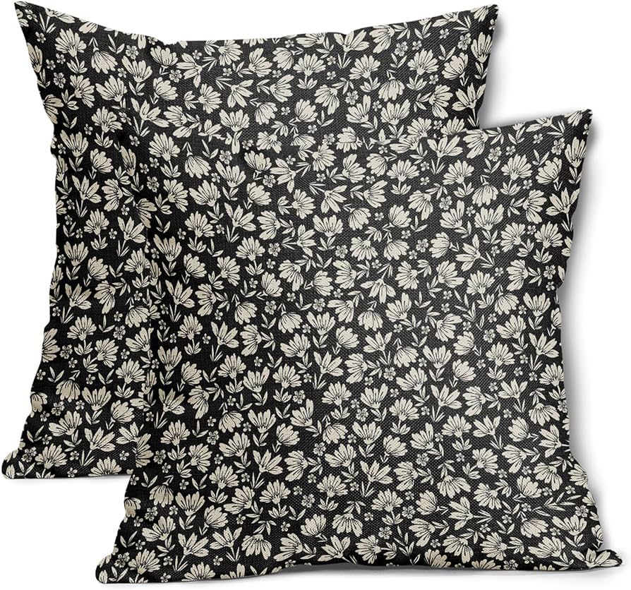 Black Brown Daisy Floral Block Print Pillow Covers 18X18 Inch Vintage Flowers Decorative Square P... | Amazon (US)